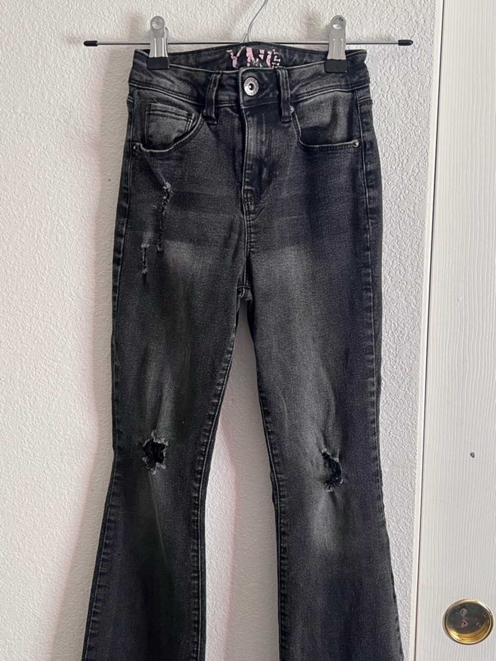 Girls Washed Black Distressed Flare Jeans